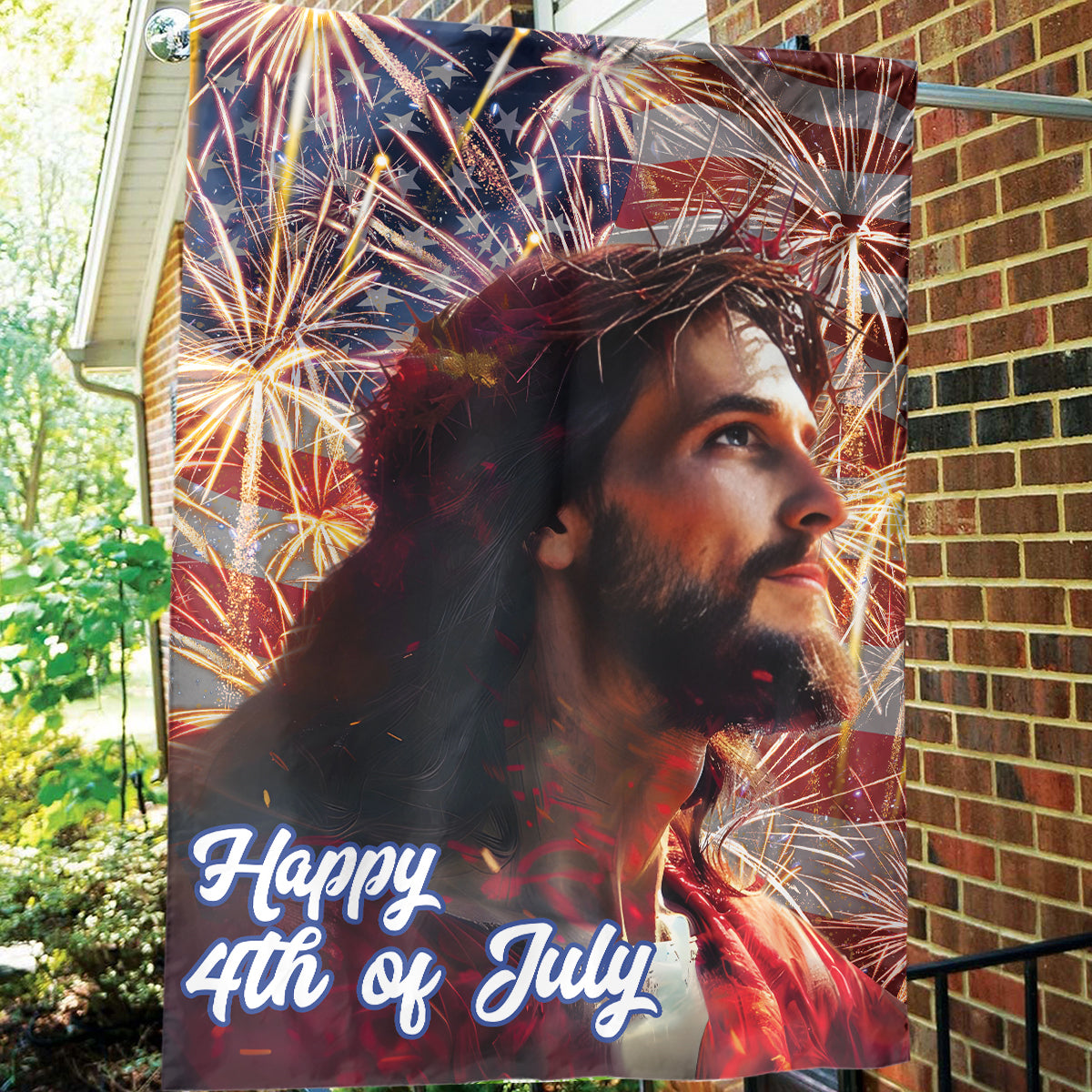 Teesdily | Jesus American Flag Home, Happy 4th Of July House Garden Flag, Independence Day Gifts, God Believer Christian Outdoor Decoration