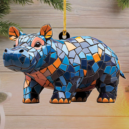 Teesdily | Cute Colorful Mosaic Hippopotamus Christmas Ornament, Stained Glass Design Hippo Xmas Gift Ornament, Hippo Lovers Gift