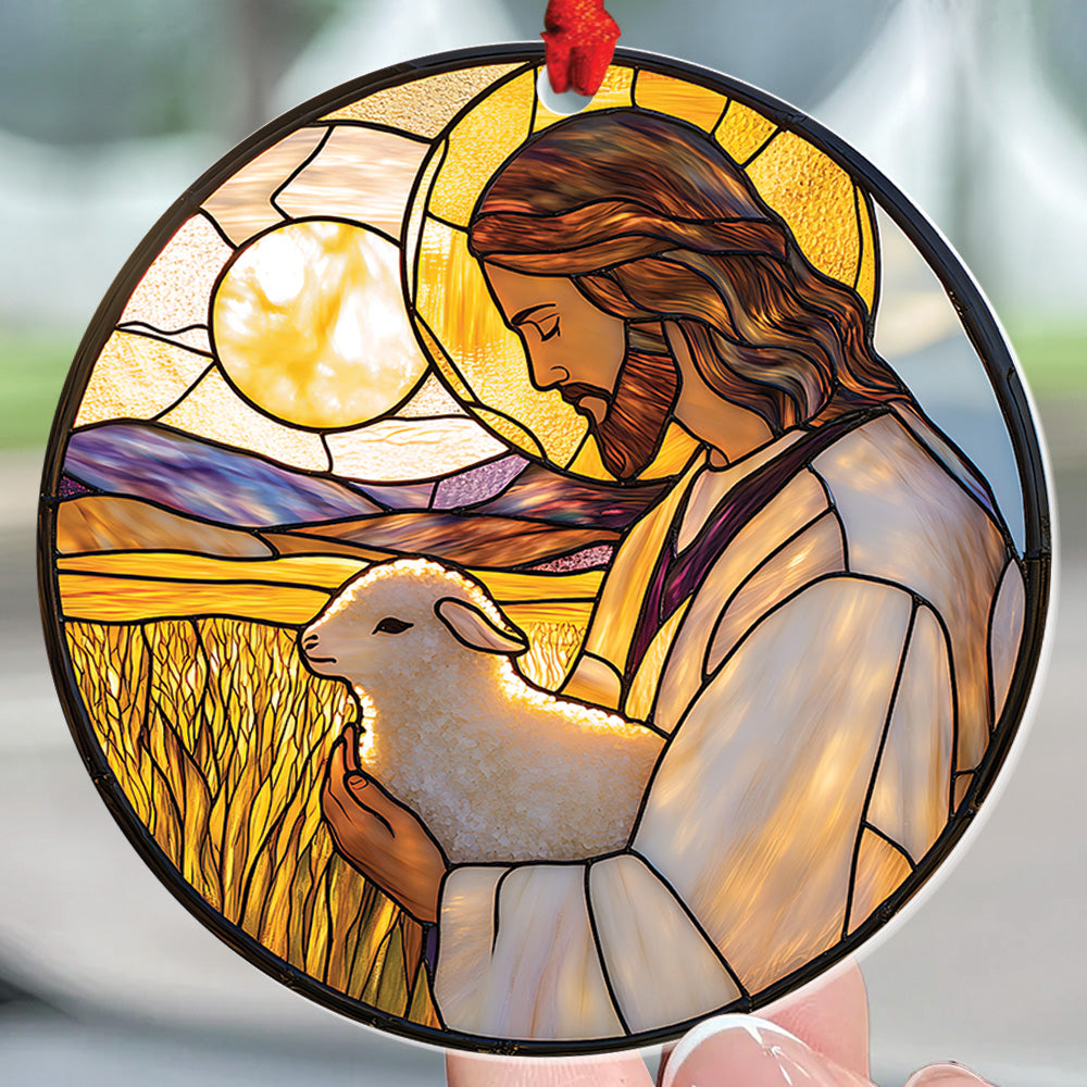 Teesdily | Jesus And Lamb Ornament Christmas, Jesus Christ Sheep Flower Stained Glass Printed Ornament 2D, Christmas Decor Gift