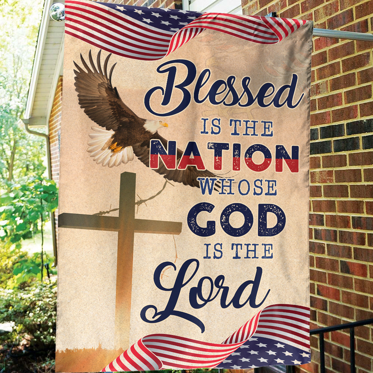 Teesdily | God Cross Eagle American Flag, Blessed Is The Nation House Flag, Independence Day Home Decor, Christian Garden Flag, God Lover Gifts