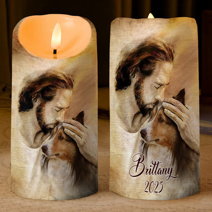 Teesdily | Customized Jesus With Dogs Memorial Led Candle, Pet Sympathy Gift, Dog Mom Gift, Memorial Dog Led Candle