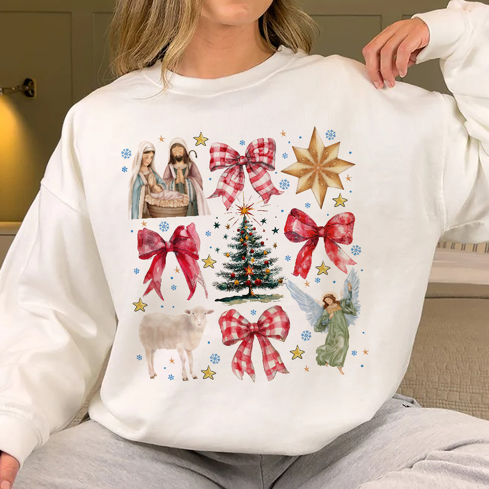 Teesdily | Red Coquette Jesus Nativity Shirt, Holy Night Tee Sweatshirt Hoodie Mug, Jesus Lovers Christmas Gift, Xmas Coquette