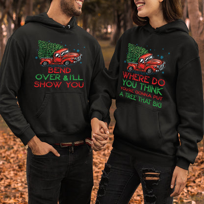 Teesdily | Bend Over And I'll Show You Christmas Couple Shirt, Christmas Vacation Matching Shirt Hoodie Mug, Red Truck Car Sweatshirt