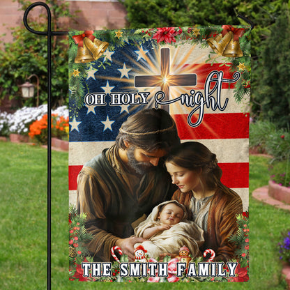 Teesdily | Customized Nativity Of Jesus Holy Family American Flag House, Oh Holy Night Christmas Garden Flag Decoration Yard