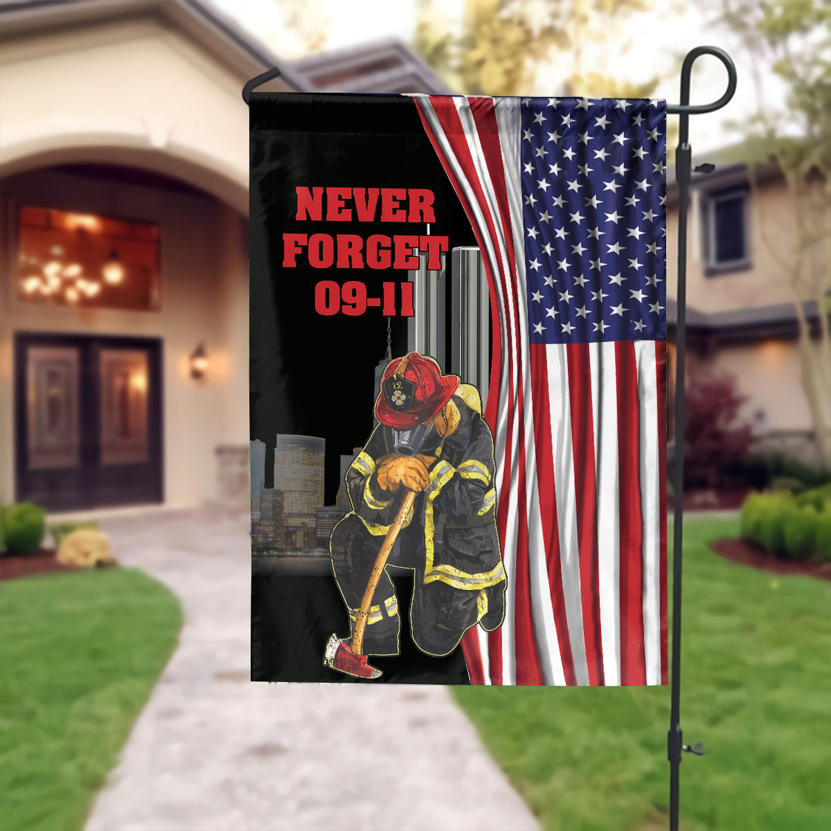 Teesdily | Never Forget September 11th Garden Flag, Firefighter American Flag House Yard Outdoor Decor, Patriot Day Gifts