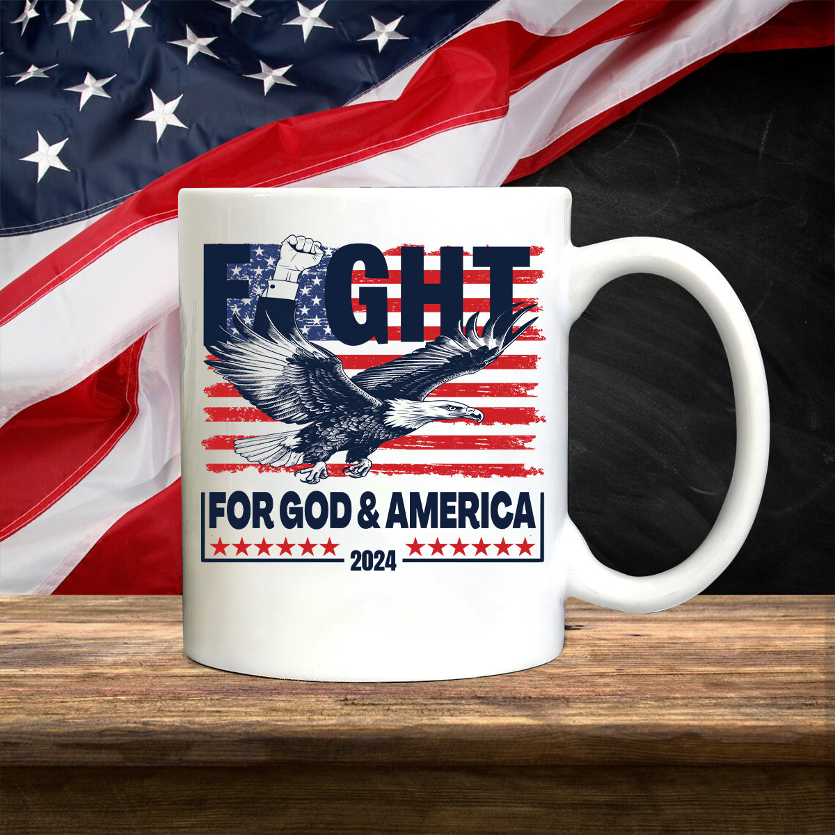 Teesdily | Eagle Fight 2024 American Flag Shirt, Fight For God And America Sweatshirt Hoodie Mug, Patriot T-shirt, American Pride Gifts