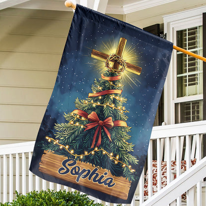 Teesdily | Customized Jesus Christmas Tree Flag, Christ Cross Light Garden Flag, Christmas Bow Religious House Flag Yard Decor