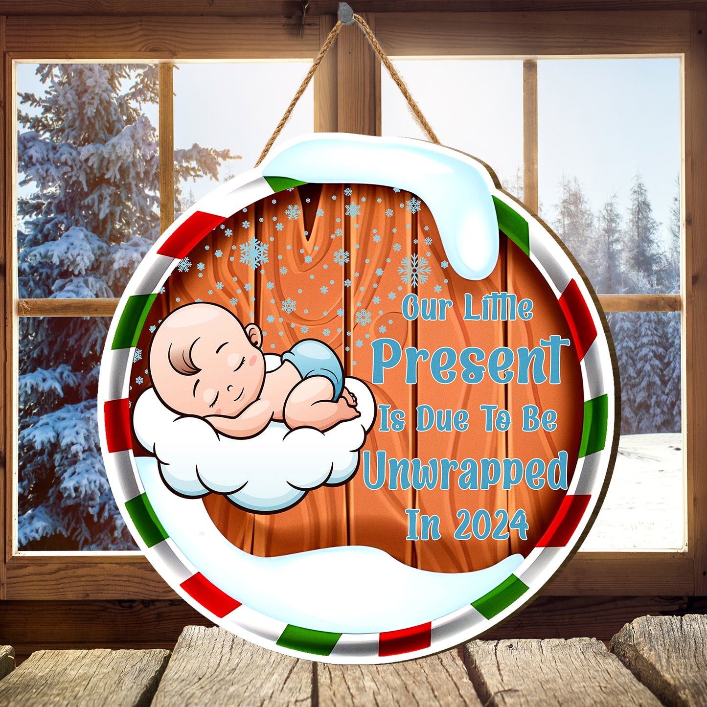 Teesdily | Christmas Round Hanging Sign, Our Little Present Is Due To Be Unwrapped In 2024 Sign, Pregnancy Christmas Door Decor, New Parents Gift Idea