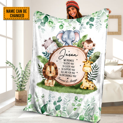 Teesdily | Nursery Personalized Safari Blanket We Promise To Love You Forever And Always Sherpa Fleece Woodland Animal Baby Blanket Custom Gifts