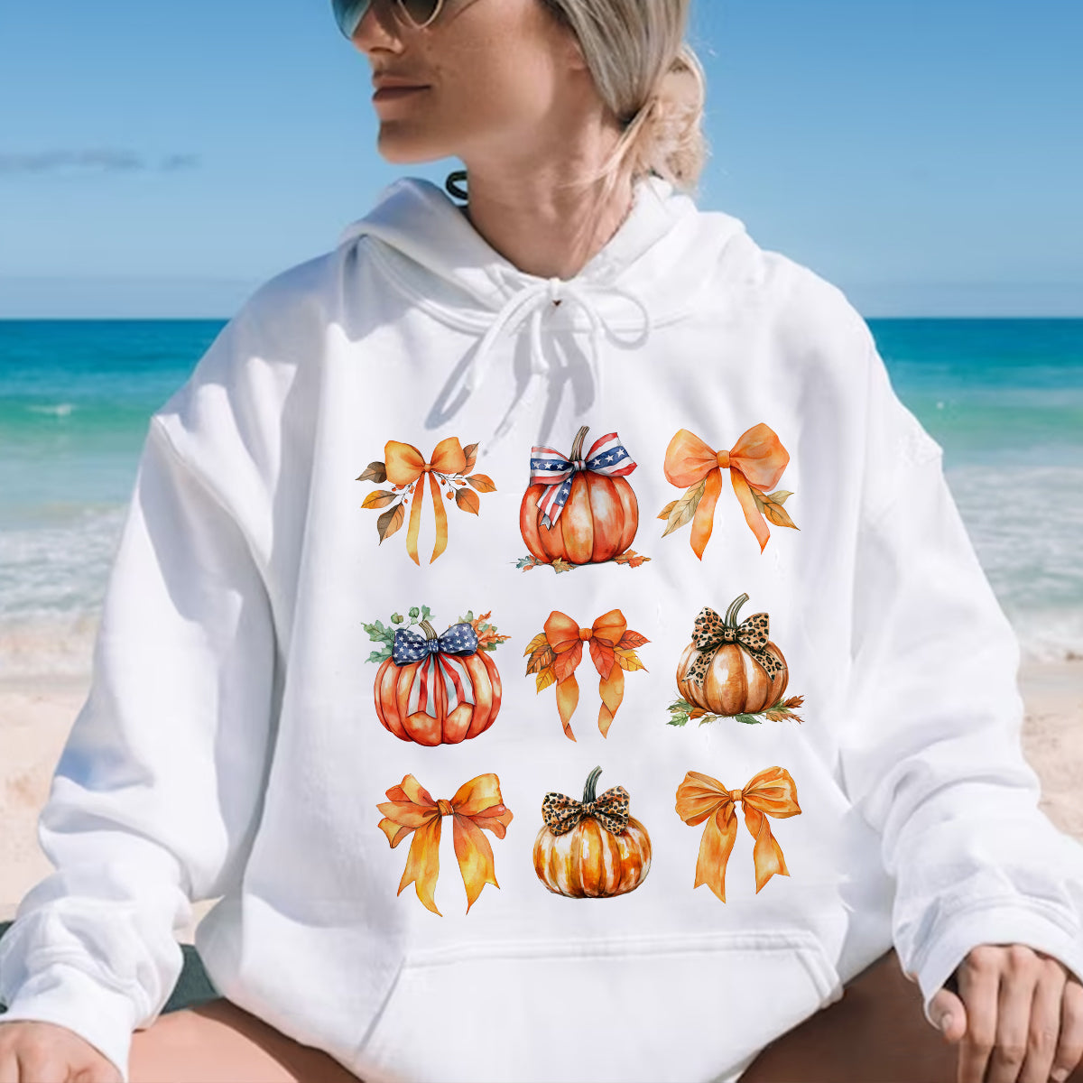 Teesdily | Retro Fall Pumpkin Shirt, Retro Halloween Coquette Bow Spooky Mama Sweatshirt Hoodie Mug, Fall Pumpkin Coquette Bow T-shirt