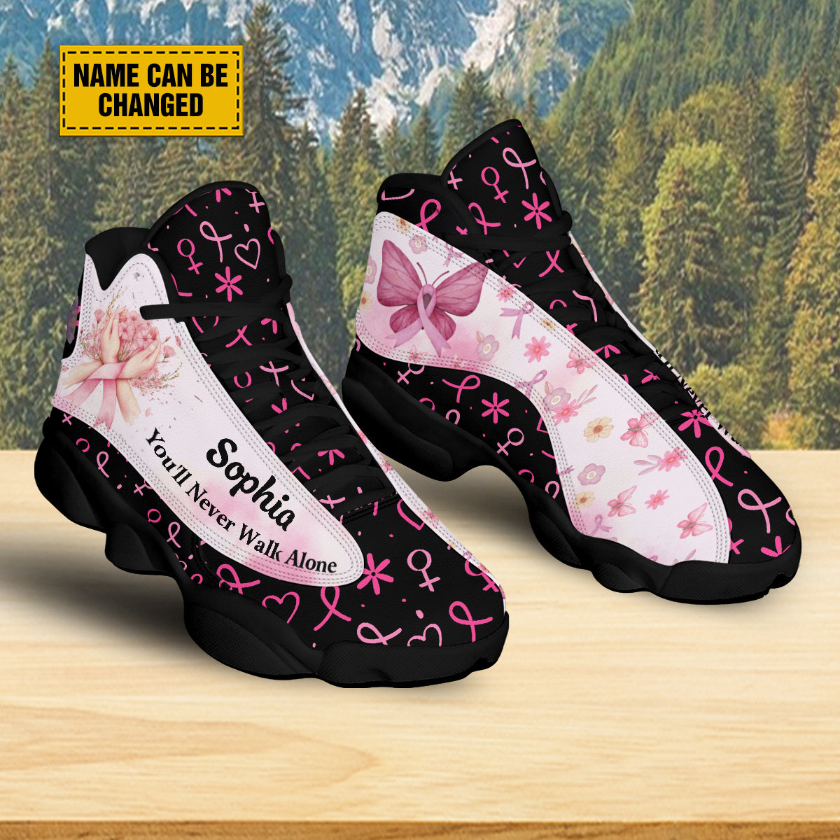 Teesdily | Customized You'll Never Walk Alone Basketball Shoes, Pink Ribbon Breast Cancer Awareness Month Shoes, Support Cancer Fighter Gifts