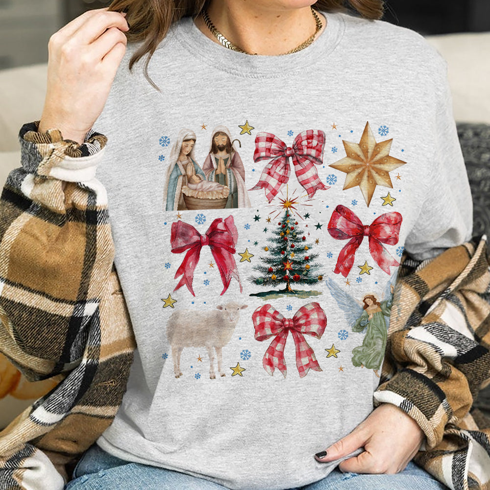 Teesdily | Red Coquette Jesus Nativity Shirt, Holy Night Tee Sweatshirt Hoodie Mug, Jesus Lovers Christmas Gift, Xmas Coquette