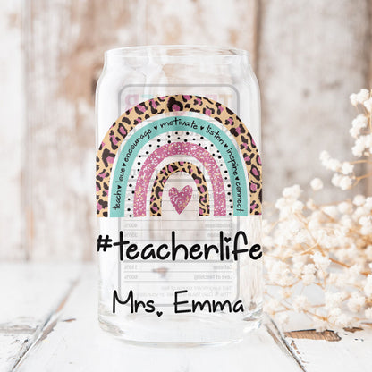 Teesdily | Teacher Life Rainbow Personalized Glass Can, Teacher Nutrition Facts Frosted Glass Can, Teacher Appreciation Glass Can With Straw Gifts