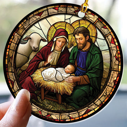 Teesdily | Jesus Christ Mary Christmas Ornament, Holy Family Stained Glass Printed Ornament, Nativity Religious Art Christmas Gift