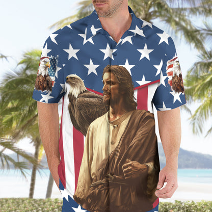 Teesdily | God Bless America Hawaiian Aloha Shirt, Jesus Eagle American Flag Hawaii Set, Independence Day Hawaii Shirt, Outfit Summer Gift For Men
