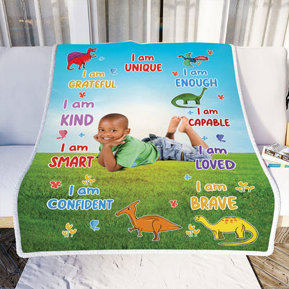 Teesdily | Dinosaur Grandson Blanket Personalized Photo, Grandson I Am Unique, Positive Confirmation Quote Blankets, Grandson Gift For Birthday