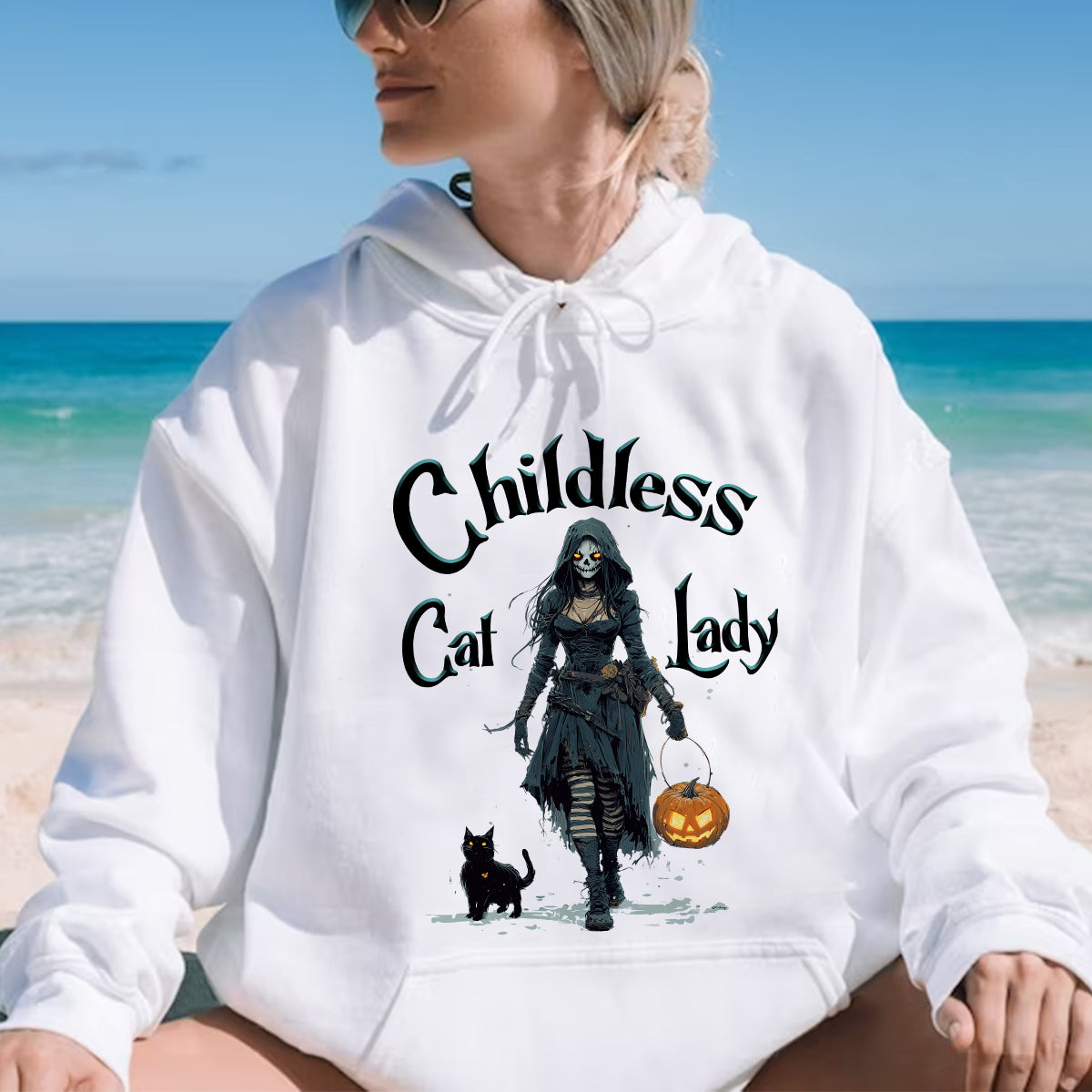 Teesdily | Childless Cat Lady Shirt, Halloween Pumpkin Witch And Cat Sweatshirt, Witchy Black Cat Hoodie Mug, Skeleton Witch T-shirt