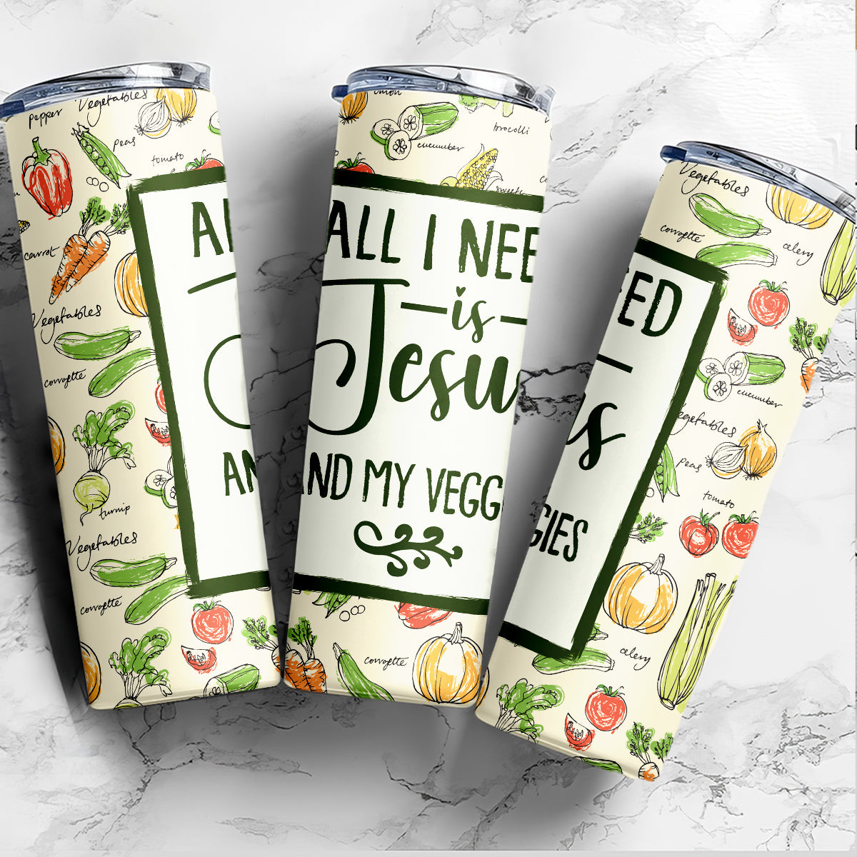 Teesdily | Christian Vegetarian Skinny Tumbler, All I Need Is Jesus And My Veggies Insulated Tumbler 20oz, Cute Vegetables Pattern Water Tumbler Gifts