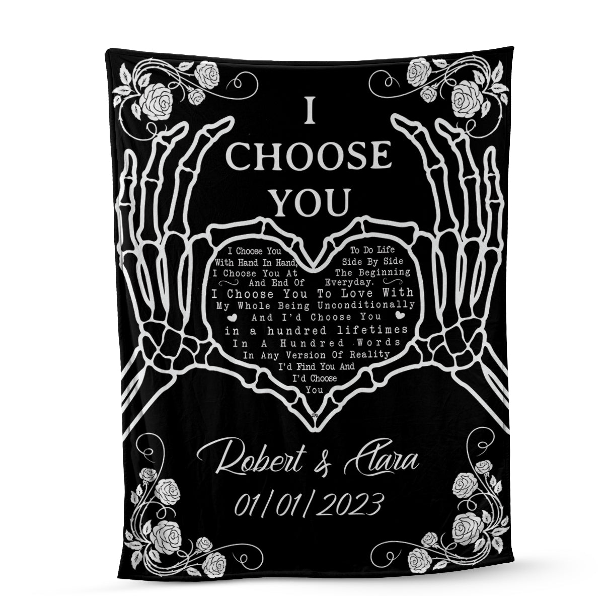 Teesdily | Skeleton Hand Custom Fleece Blanket I Choose You Warm Blanket Halloween Theme Rose Fleece Throw Blanket Gothic Bed Blanket Gift For Lover