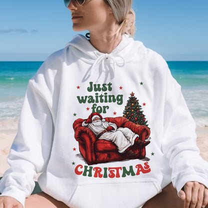 Teesdily | Just Waiting For Christmas Shirt, Santa Sofa Christmas Lights Tee 2024, Santa Claus Sweatshirt Hoodie Mug, Holiday Gift