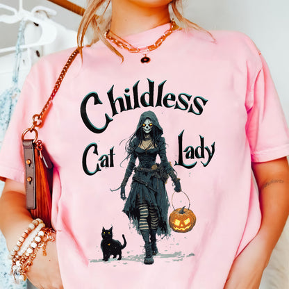 Teesdily | Childless Cat Lady Shirt, Halloween Pumpkin Witch And Cat Sweatshirt, Witchy Black Cat Hoodie Mug, Skeleton Witch T-shirt