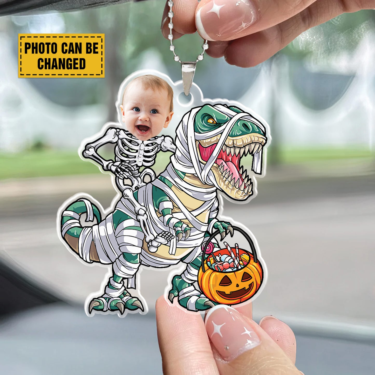 Teesdily | Customized Funny Dinosaur Pumpkin Halloween Ornament, Skeleton Kid Pumpkin Ornament Car Hanging, Trick Or Treat Ornament, Halloween Gift