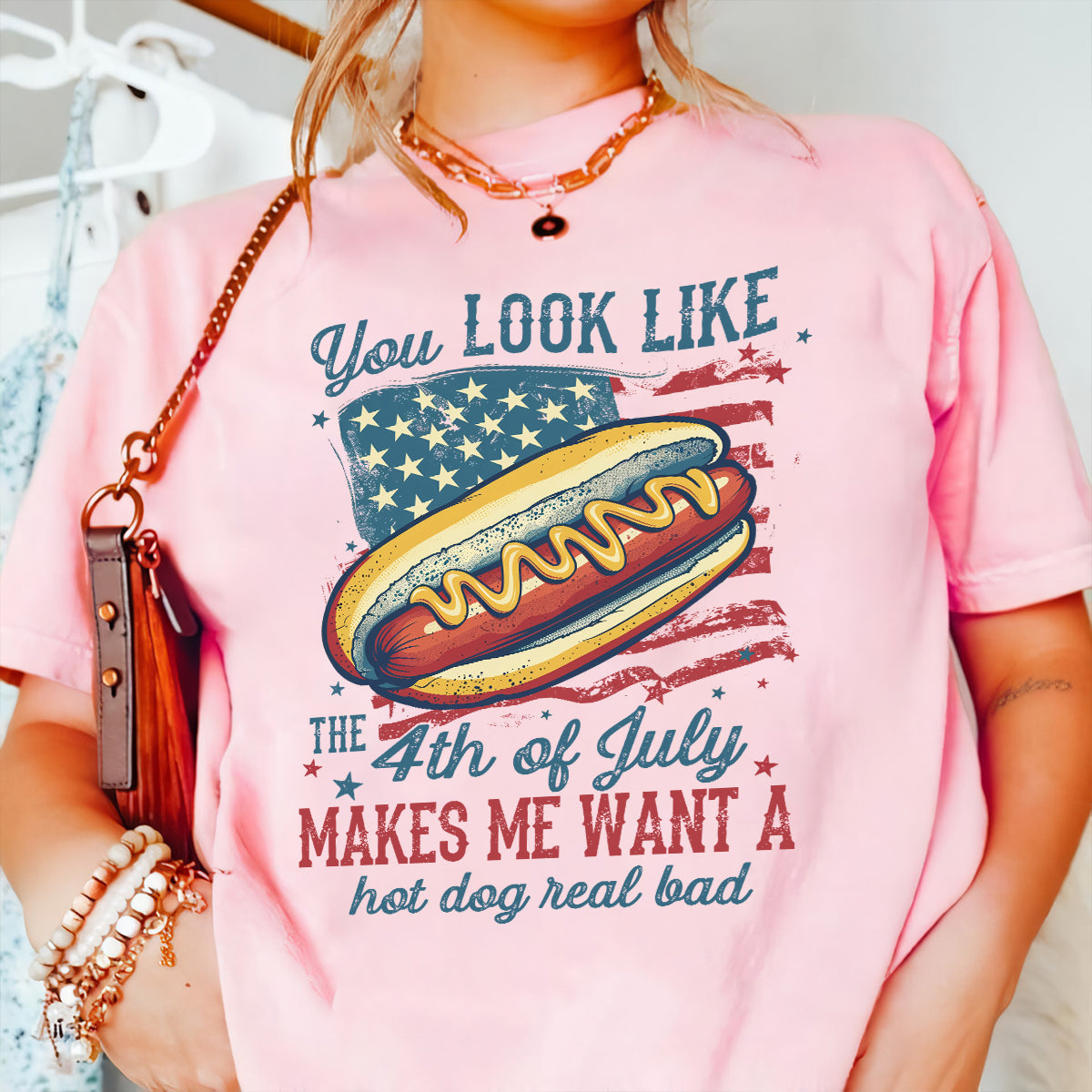 Teesdily | American Hotdog Retro Shirt, You Look Like The 4Th Of July Hoodie Sweatshirt, Independence Day Gifts Mug Tee