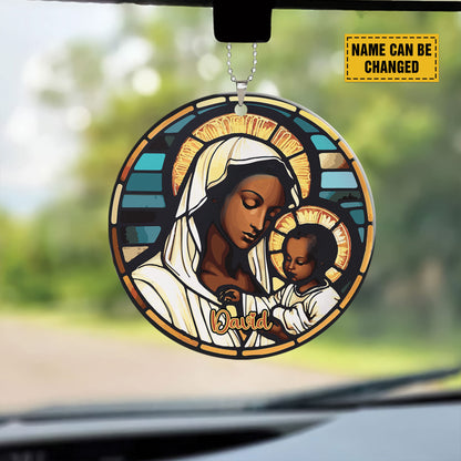 Teesdily | Customized Virgin Mary And Baby Jesus Acrylic Ornament, Merry Christmas Ceramic Car Hanging Ornament, Christmas Custom Gift