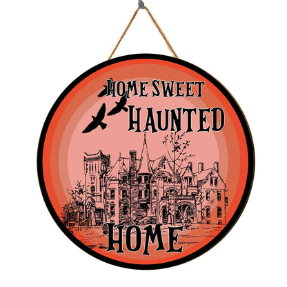 Teesdily | Residential Buildings Home Sweet Haunted Home Halloween Wood Sign Home Decoration Happy Halloween's Day Family Door Sign