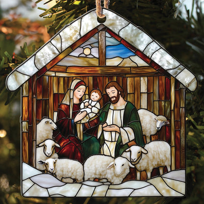 Teesdily | Nativity Scene Acrylic Ornament , Nativity Jesus Snowy House Christmas Ornament, Religious Jesus Lover Gift