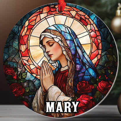 Teesdily | Customized Mary Rose Stained Glass Printed Ornament, Jesus Mary Ornament Christmas, Religious Art Christmas Gift Mom