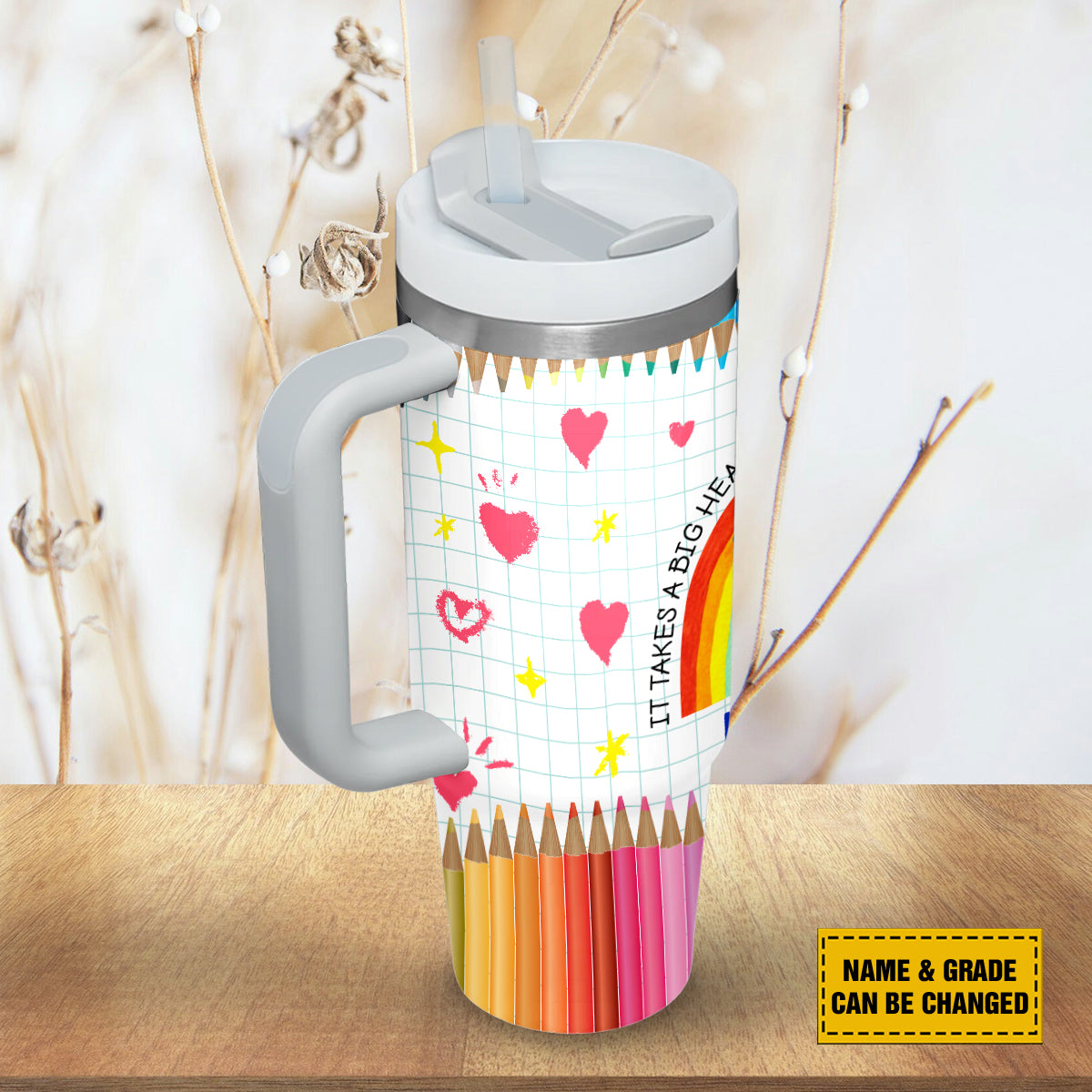 Teesdily | Teacher Personalized 40oz Tumbler It Takes A Big Heart To Help Shape Little Minds Insulated Tumbler teacher Crayon Tumbler Teacher Gifts