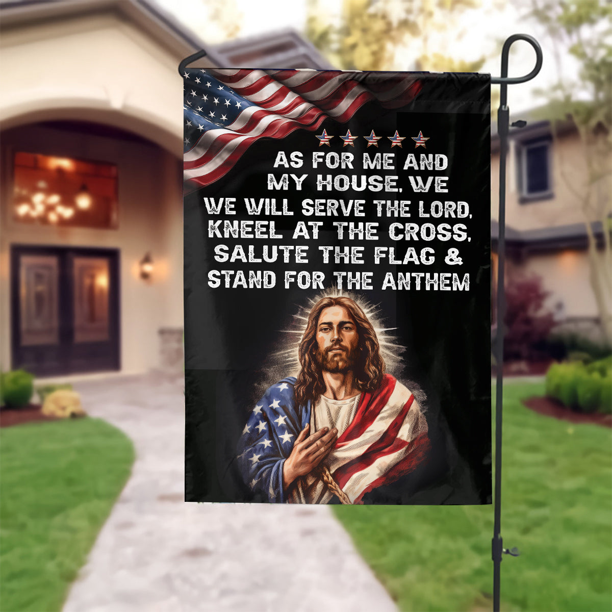 Teesdily | Jesus American Garden Flag, As For Me And My House, We Will Serve The Lord House Flag, American Patriotic Flag, Jesus Outdoor Decor Gift