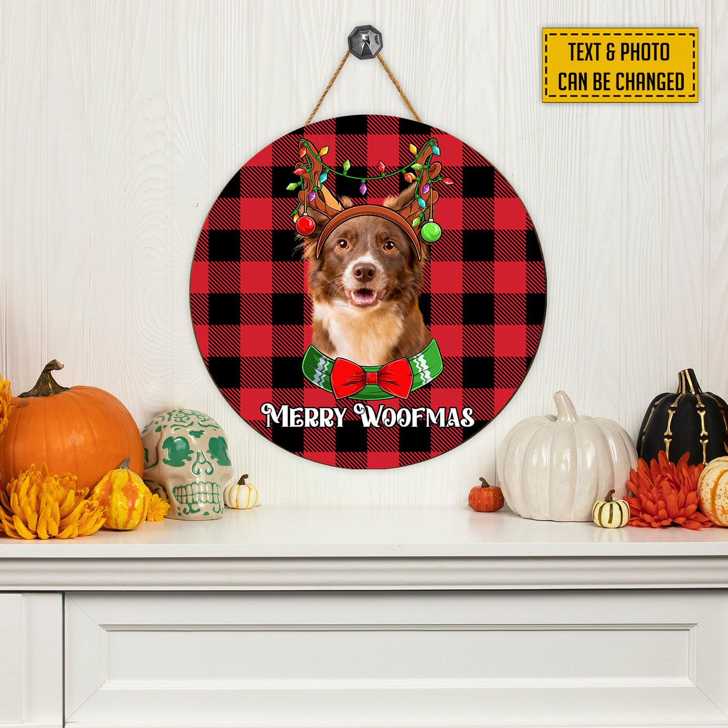 Teesdily | Customized Dog Photo Christmas Santa Round Wood Sign Merry Woofmas Wood Door Hanger Pet Owner Christmas Door Hanging