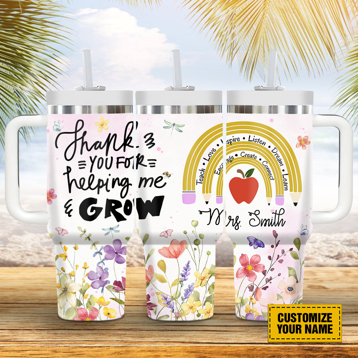 Teesdily | Teacher Rainbow Customized 40oz Tumbler, Thank You For Helping Me Grow Insulated Tumbler, Teacher Floral Water Tumbler, Teacher Custom Gift