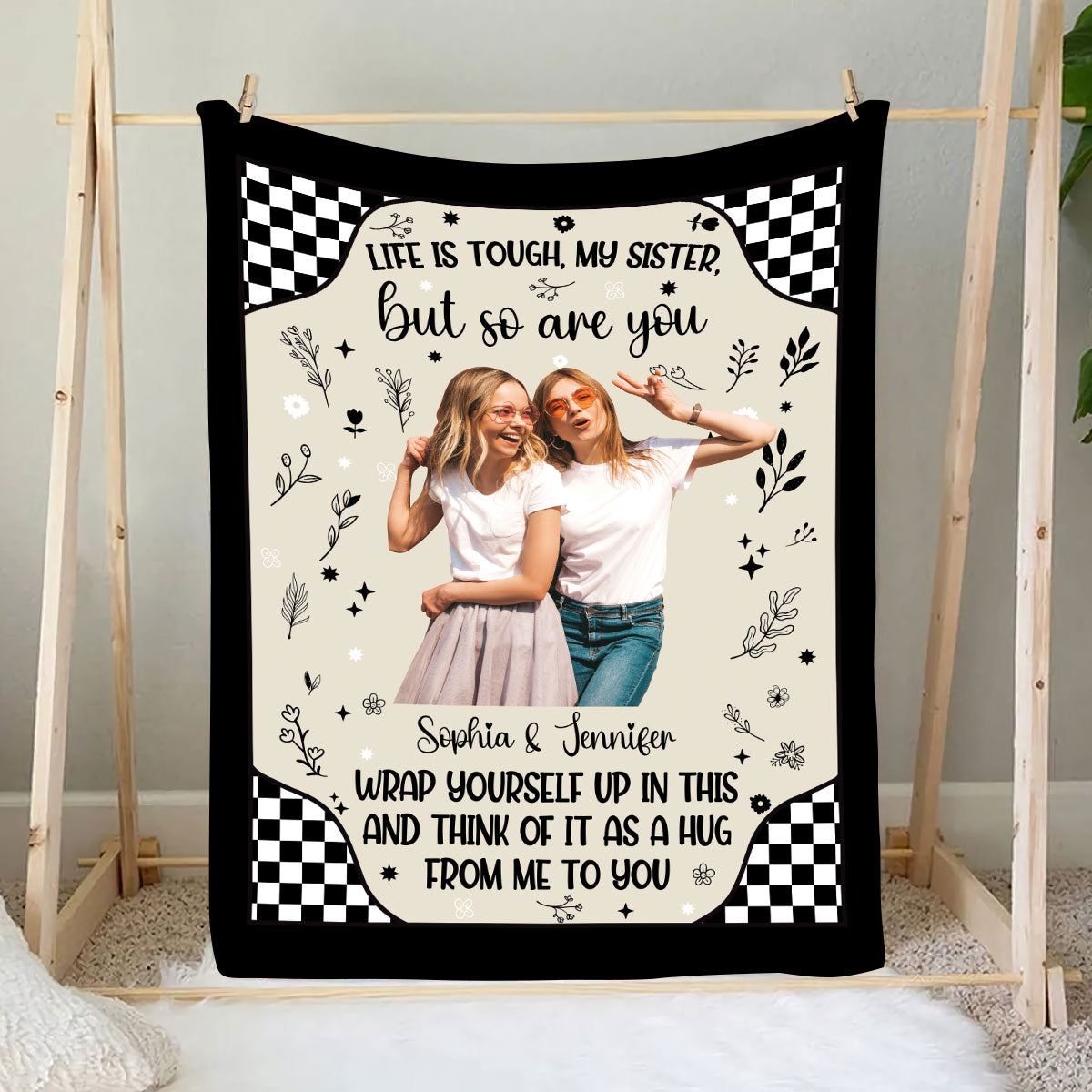 Teesdily | Sister Custom Blanket With Picture, Bestie Bff Minimalist Style Personalized Fleece, Life Is Tough Sofa Blanket, Birthday Gifts For Sisters