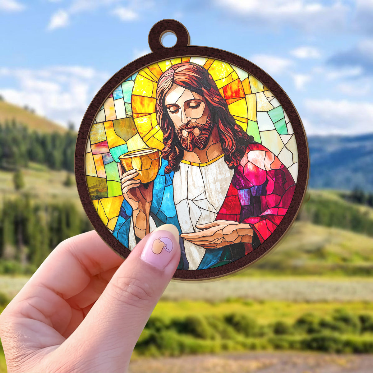 Teesdily | Jesus Holy Communion Scene Suncatcher, Jesus Christ Cup Stained Glass Suncatcher, Christmas Ornament Hanging, Xmas Decoration Gift