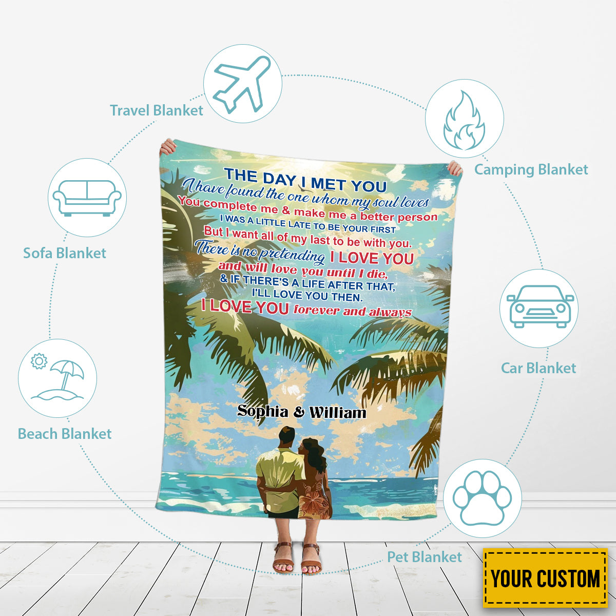 Teesdily | Personalized Beach Couple Cozy Blanket, The Day I Met You Throw Blanket, Perfect Valentine Day Travel Blanket, First Anniversary Gifts