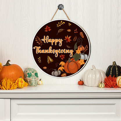 Teesdily | Happy Thanksgiving Round Wood Sign Autumn Pumpkins Foliage Vine Round Hanging Sign Dorm House Welcome Sign Harvest Day Thanksgiving Gifts