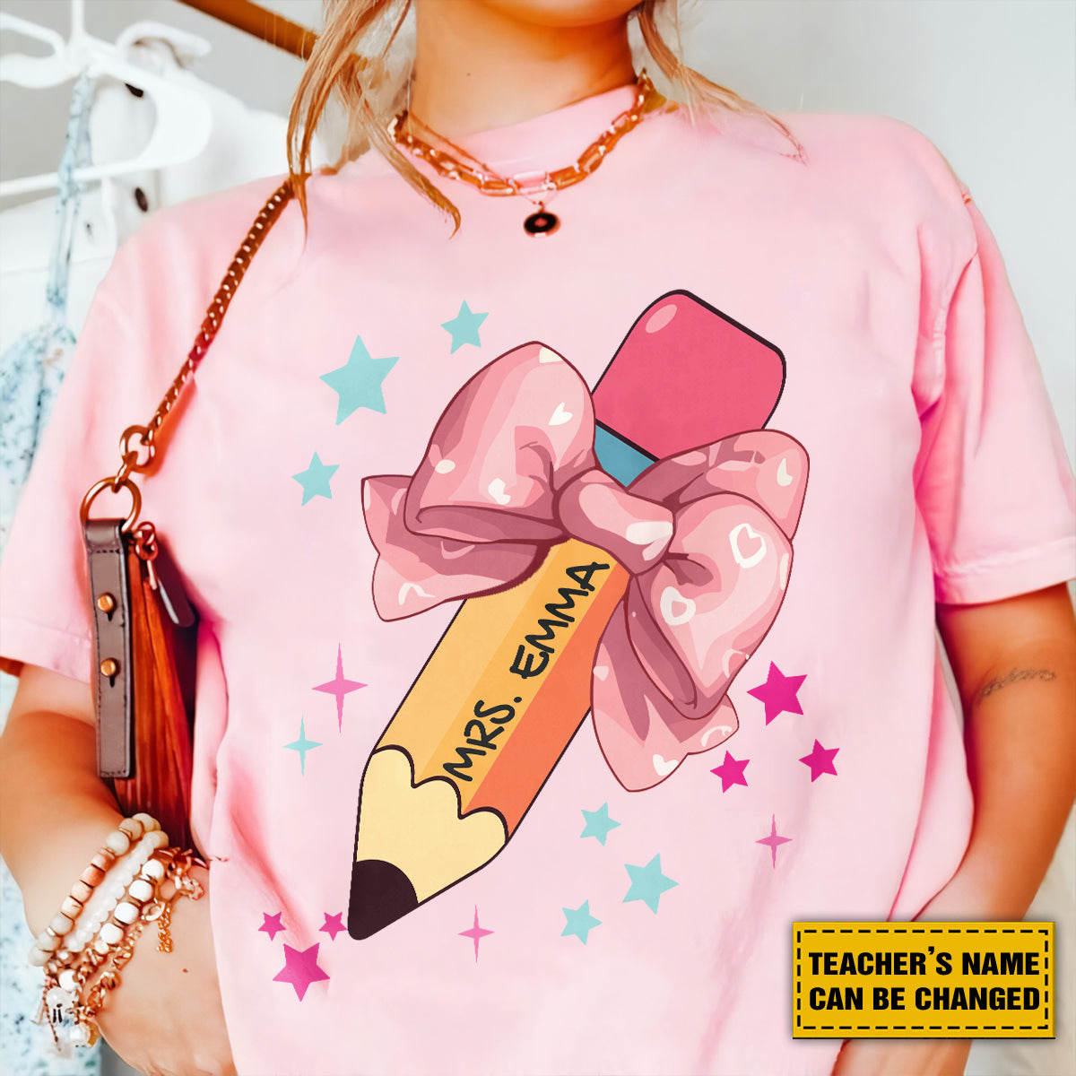 Teesdily | Teacher Pencil Bow Custom Name Shirt, Back To School Teacher Tshirt, First Day Of School Sweatshirt Hoodie, Gifts For Teacher Mug