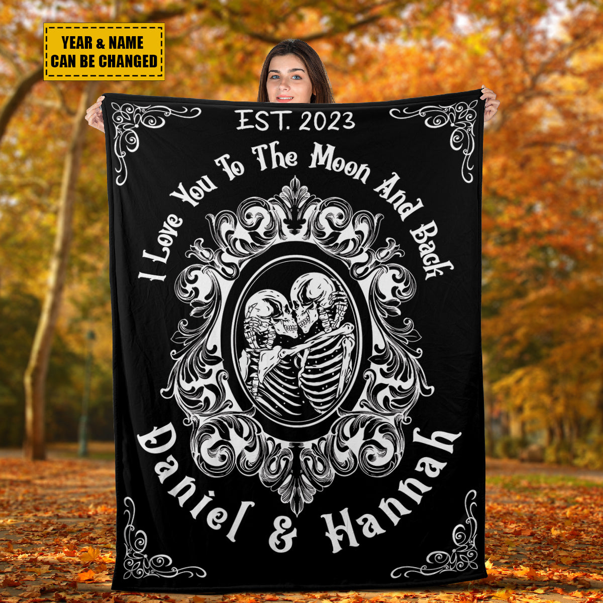 Teesdily | Gothic Couple Skeleton Personalized Throw Blanket I Love You To The Moon And Back Sofa Blankets Couple Halloween Blanket Travelling Camping