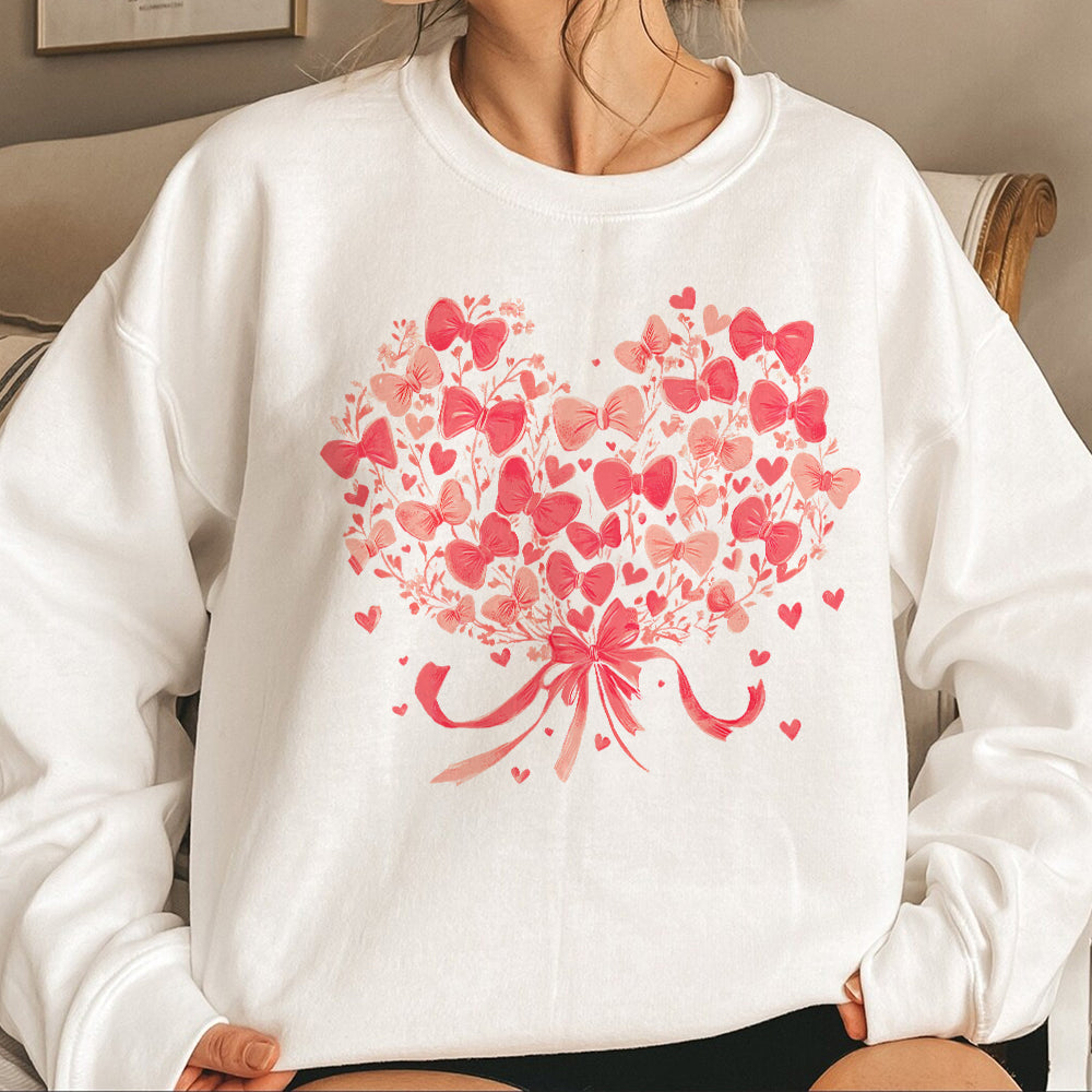 Teesdily | Coquette Valentine Bow Heart Shirt, Pink Bow Heart Valentines Day Sweatshirt, Love Bow Hoodie Mug Valentine Gift