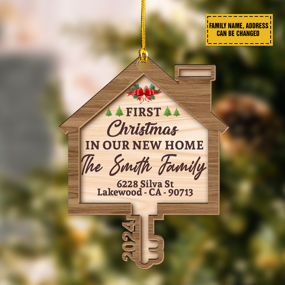 Teesdily | Personalized First Christmas In Our New Home Wooden Ornament, House Key 2 Layer Wooden Ornament Christmas Tree Decor