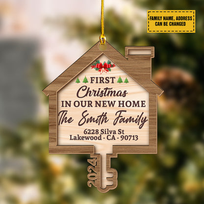 Teesdily | Personalized First Christmas In Our New Home Wooden Ornament, House Key 2 Layer Wooden Ornament Christmas Tree Decor