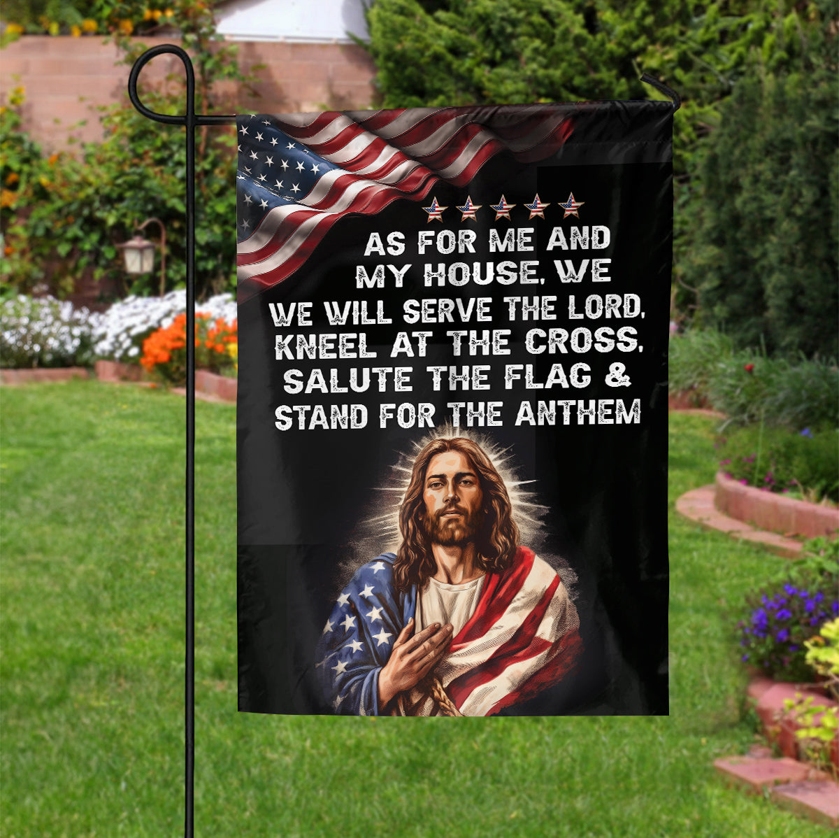 Teesdily | Jesus American Garden Flag, As For Me And My House, We Will Serve The Lord House Flag, American Patriotic Flag, Jesus Outdoor Decor Gift