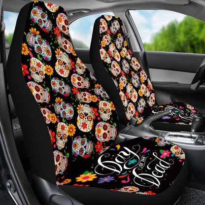 Teesdily | Sugar Skull Car Seat Cover, Mexican Day Of The Dead Front Seat Cover, Flower Dia De Los Muertos Protection Seats, Halloween Gift, Car Decor