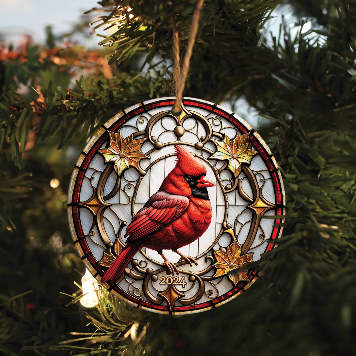 Teesdily | Red Cardinal Circle Ceramic Ornament, Cardinal Bird Acrylic Ornament, Jesus Lovers Gifts, Christmas Home Decor Gifts, Xmas Ornament