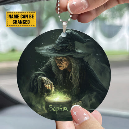 Teesdily | Customized Witch Halloween Ornament Car Hanging, Pumpkin Pot Of Poison Car Rear View Mirror Accessories, Retro Halloween Decorations