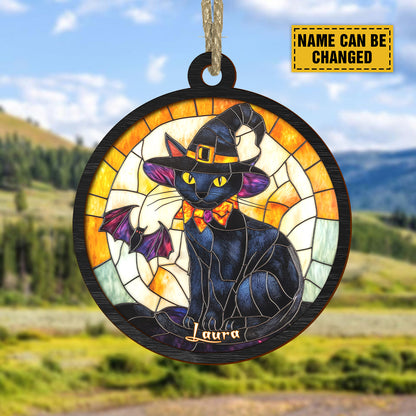 Teesdily | Customized Black Cat Halloween Suncatcher Ornament, Black Cat Witch Halloween Car Hanging Ornament, Halloween Spooky Season Gifts