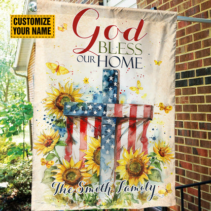 Teesdily | Custom Cross Sunflower Flag Yard, God Bless Our Home Flag, Jesus Lover Gift, Independence Day Gift, Patriotic Garden House Flag